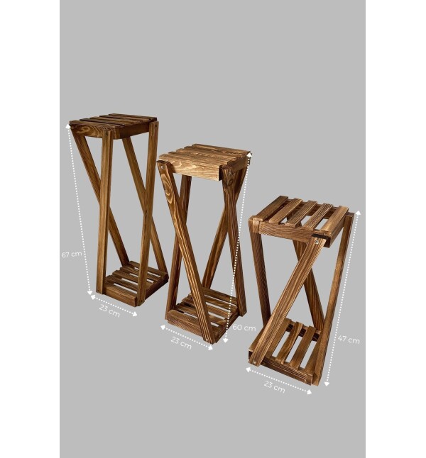 Ahşap 3lü Takım Saksılık Çiçeklik 3 Boy Balkon Saksılık Salon Çiçeklik Mob123