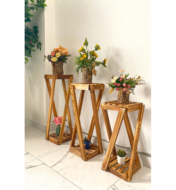 Ahşap 3lü Takım Saksılık Çiçeklik 3 Boy Balkon Saksılık Salon Çiçeklik Mob123