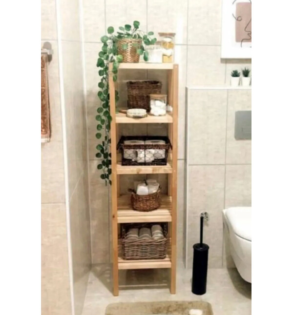 Natural Ahşap 5 Raflı Açık Banyo Dolabı Banyo Düzenleyici ve Kitaplık Salon Düzenleyici Raf Mob111