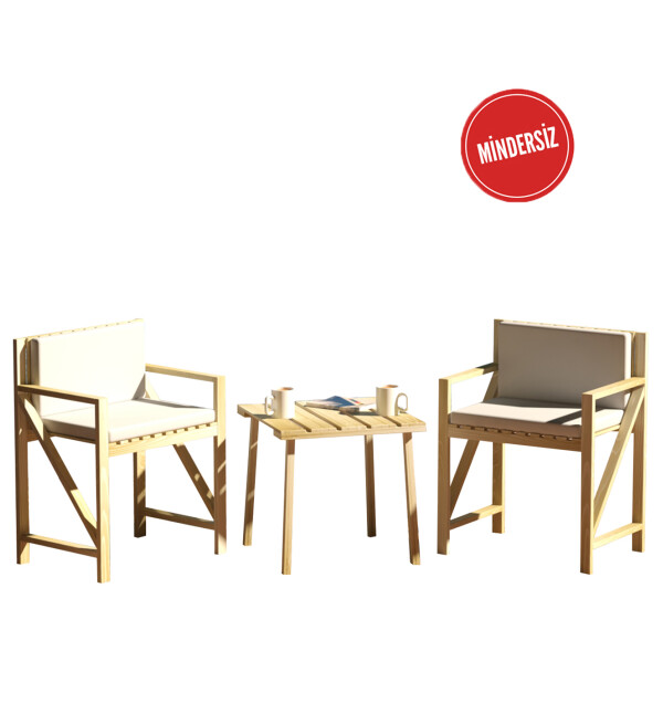 Ahşap Balkon Bahçe Teras 2 Tekli Koltuk 1 Sehpa Mindersiz Set Bahçe Mobilyası nat mob229