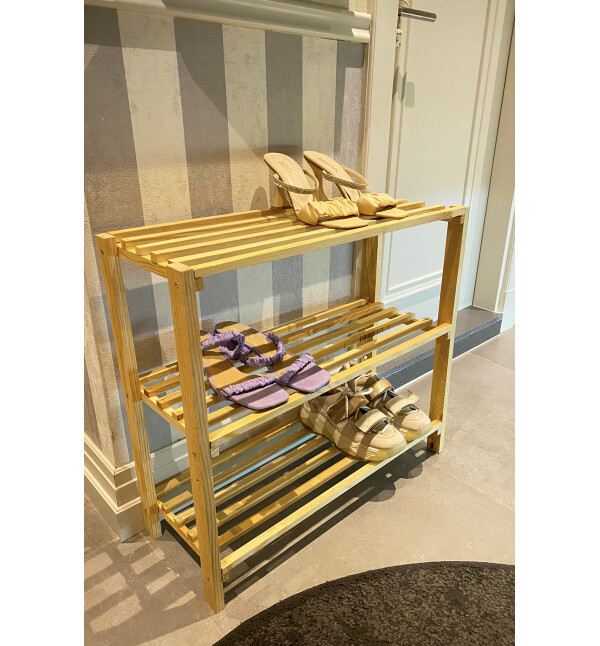 Ahşap Çubuklu 3 Katlı Masif Ayakkabılık Antre Natural Raf Mob154