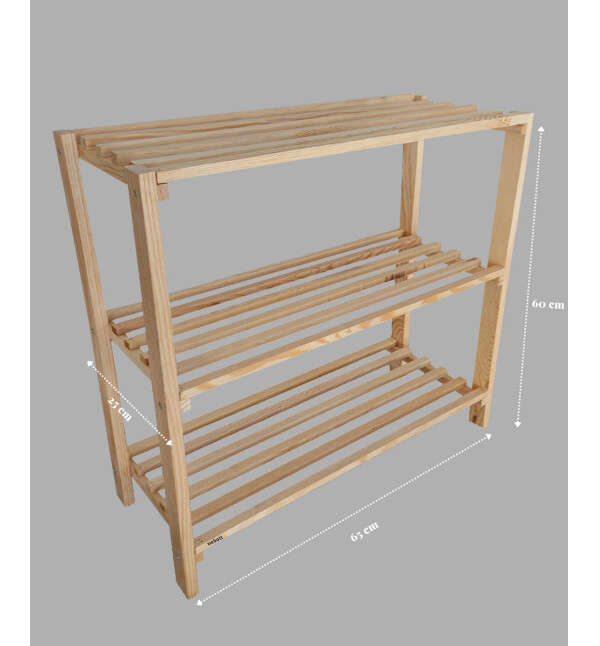 Ahşap Çubuklu 3 Katlı Masif Ayakkabılık Antre Natural Raf Mob154