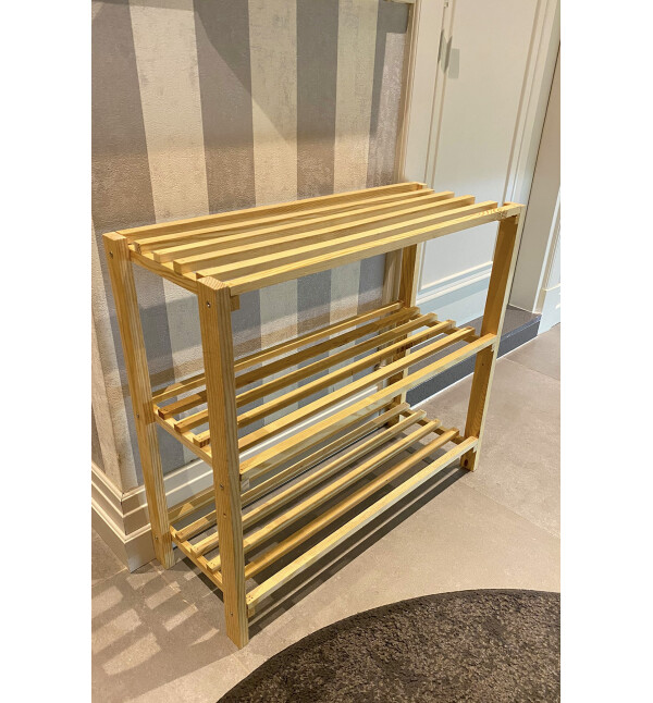 Ahşap Çubuklu 3 Katlı Masif Ayakkabılık Antre Natural Raf Mob154