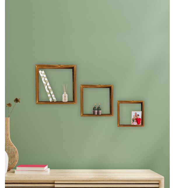 Ahşap Dekoratif 3lü Kare Duvar Rafı Ykmmob138