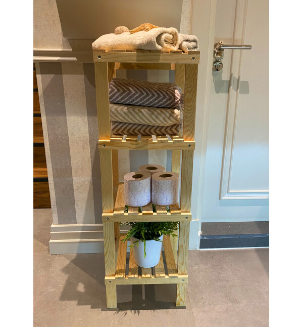 Ahşap Natural 4 Katlı Banyo Rafı Havluluk Banyo Düzenleyici ve Çiçeklik Saksılık Mob103