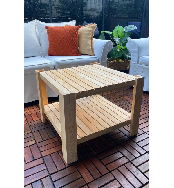 Ahşap Orta Sehpa 2 Raflı Dekoratif Salon Bahçe Balkon Masif Sehpa Mob128