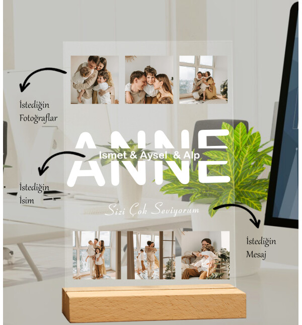 Anneler Gününe Özel Fotoğraflı İsimli ve Mesajlı Anne Temalı Tasarım Pleksi Masaüstü Plak