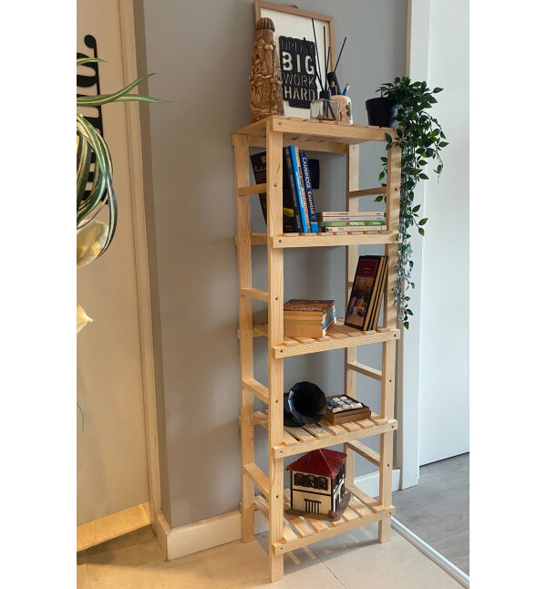 Banyo Düzenleyici Ahşap 5 Raflı Kitaplık Banyo Dolabı Dekoratif Çok Amaçlı Raf Nat Mob183