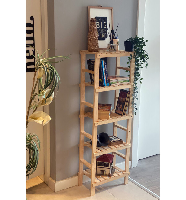 Banyo Düzenleyici Ahşap 5 Raflı Kitaplık Banyo Dolabı Dekoratif Çok Amaçlı Raf Nat Mob183