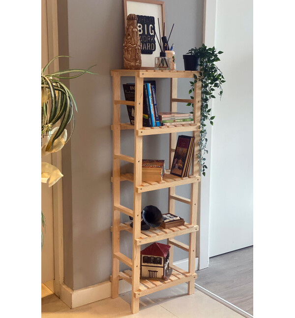 Banyo Düzenleyici Ahşap 5 Raflı Kitaplık Banyo Dolabı Dekoratif Çok Amaçlı Raf Nat Mob183