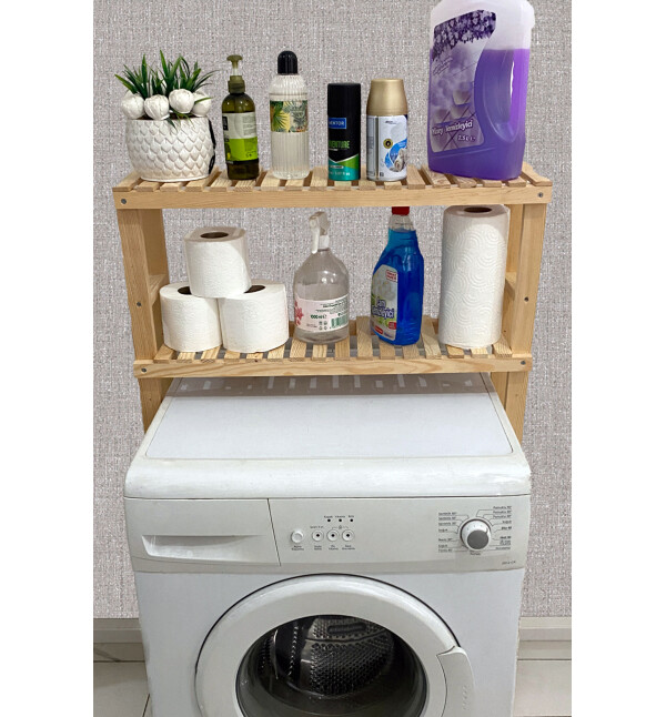 Çamaşır Makinesi Üstü Düzenleyici Dolap Ahşap Banyo Dolabı ve Klozet Üstü 2 Raflı Banyo Rafı Düzenleyici Nat Mob125