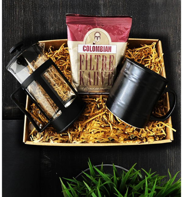 French Press Siyah Kupa Filtre Kahve Hediye Kutusu