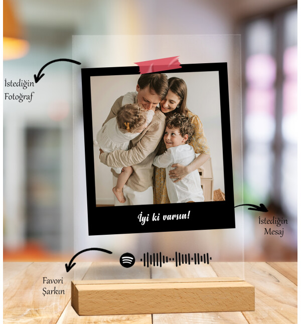 Kendin Tasarla Kişiye Özel Fotoğraflı Polaroid Tasarım Spotify Şarkı Barkodlu Masaüstü Plak Fotoğraf Çerçevesi