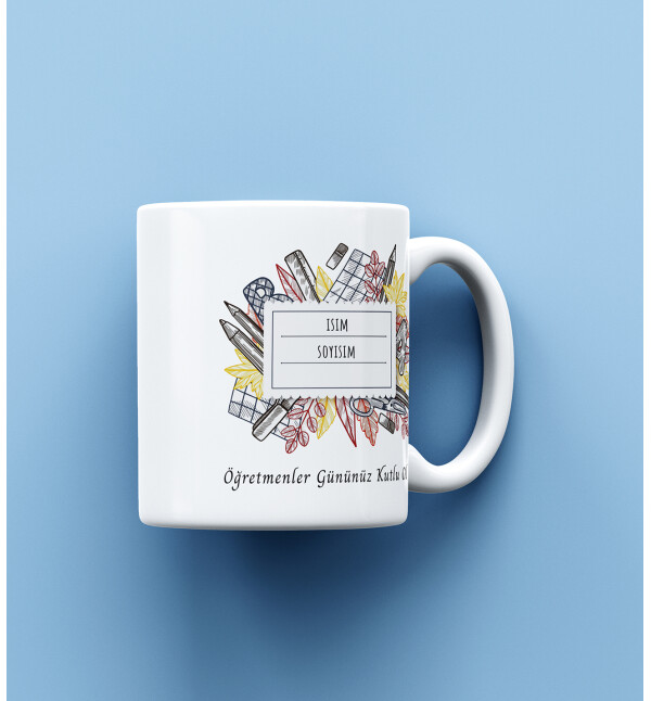 Kendin Tasarla Kişiye Özel İsimli ve Mesajlı Etiket Tasarımlı Öğretmene Kupa Bardak