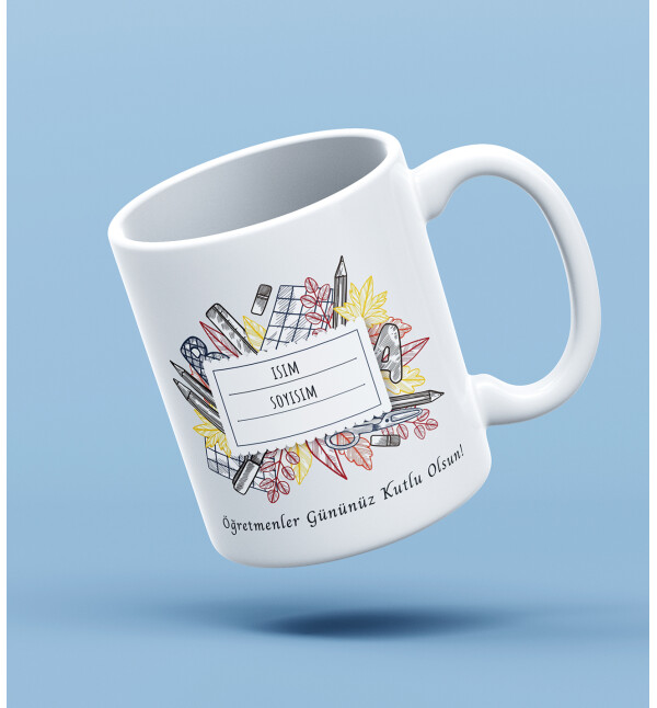 Kendin Tasarla Kişiye Özel İsimli ve Mesajlı Etiket Tasarımlı Öğretmene Kupa Bardak