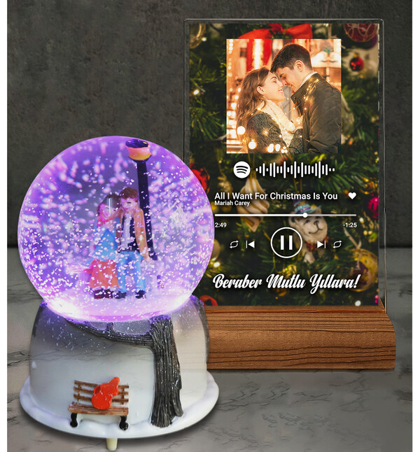 Kış Hikayesi Büyük Boy Işıklı Müzikli Otomatik Kar Küresi ve Fotoğraflı Yılbaşı Mutlu Yıllar Christmas Tasarımlı Masaüstü Plak oh1249