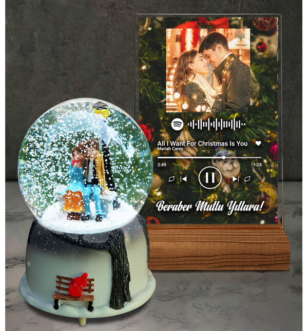 Kış Hikayesi Mega Boy Müzikli Kar Küresi ve Fotoğraflı Yılbaşı Mutlu Yıllar Christmas Tasarımlı Masaüstü Plak oh1255