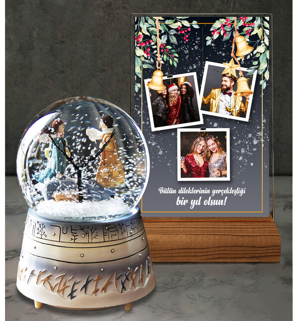 Kış Masalı Büyük Boy Müzikli Kar Küresi ve 3 Fotoğraflı ve Mesajlı Tasarımlı Masaüstü Plak oh1254