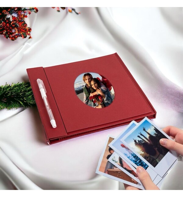 Kişiye Özel 12 Adet 10x10 Fotoğraf Baskısı Dahil Beyaz Kalemli Kırmızı Anı Defteri Sevgililer Günü Hediyesi
