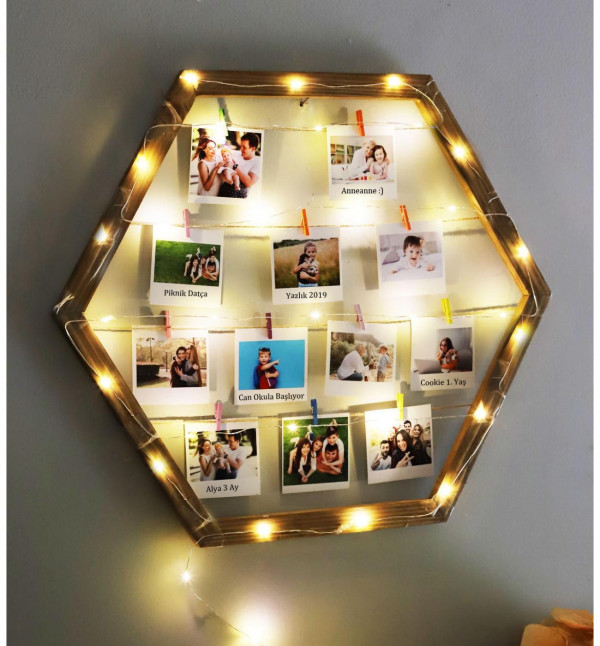 Kişiye Özel 12 Fotoğraflı Ahşap Altıgen Led Işıklı Fotoğraf Askısı