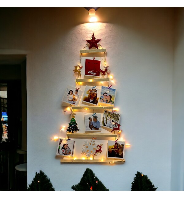 Kişiye Özel 12 Fotoğraflı Led Işıklı Ağaç Tasarımlı Dekoratif Masif Ahşap Fotoğraf Askısı