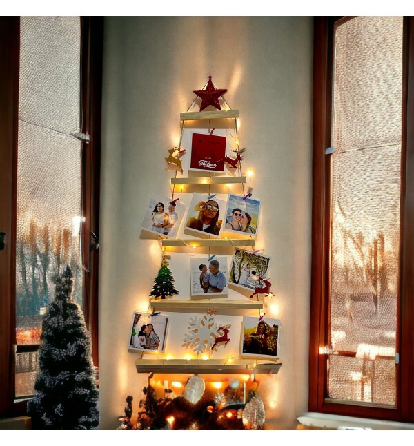 Kişiye Özel 12 Fotoğraflı Led Işıklı Ağaç Tasarımlı Dekoratif Masif Ahşap Fotoğraf Askısı