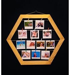 Kişiye Özel 12 Fotoğraflı Led Işıklı Altıgen Natural Ahşap Fotoğraf Çerçevesi