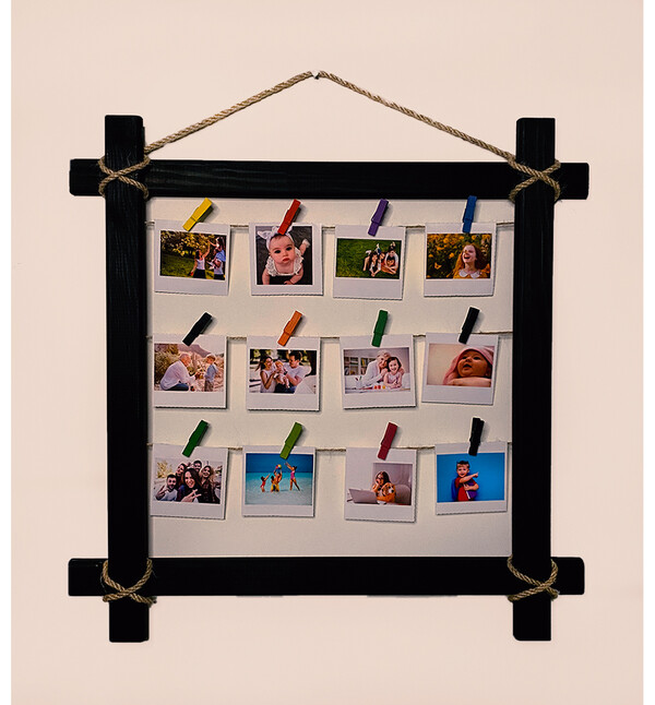 Kişiye Özel 12 Fotoğraflı Led Işıklı Siyah Ahşap Kare Fotoğraf Çerçevesi