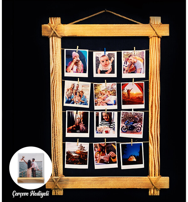 Kişiye Özel 13 Fotograflı Doğal Ahşap Fotograf  Çerçevesi 70x50cm Fotoğraf Çerçeve Hediyeli