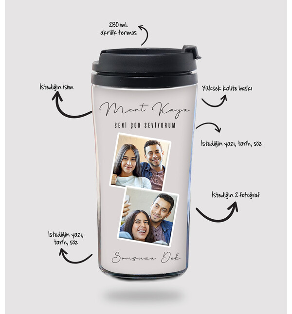 Kişiye Özel 2 Fotoğraflı ve Mesajlı Sevgili Temalı Termos Bardak