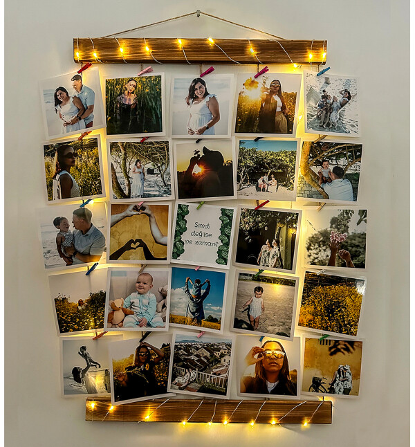 Kişiye Özel 25 Fotoğraflı Mandallı Jüt İpli 3 Mt Led Işıklı Masif Ahşap Fotoğraf Askısı