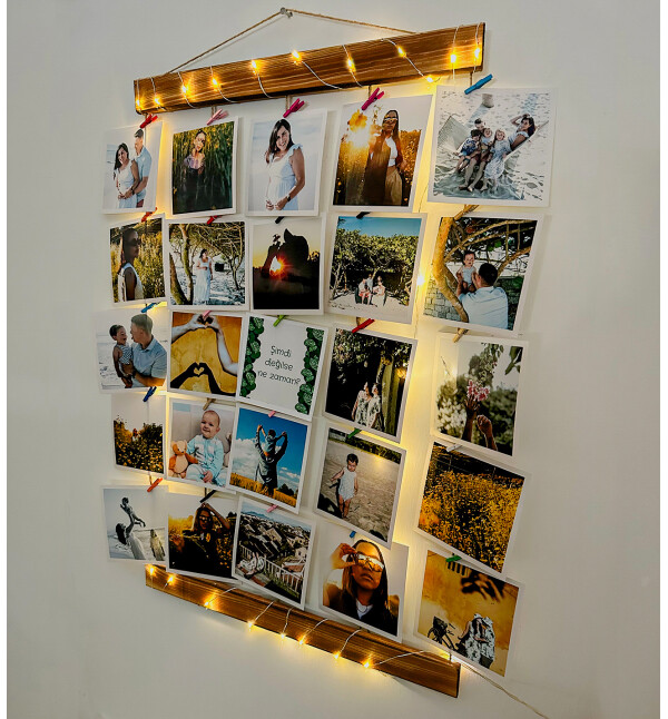 Kişiye Özel 25 Fotoğraflı Mandallı Jüt İpli 3 Mt Led Işıklı Masif Ahşap Fotoğraf Askısı