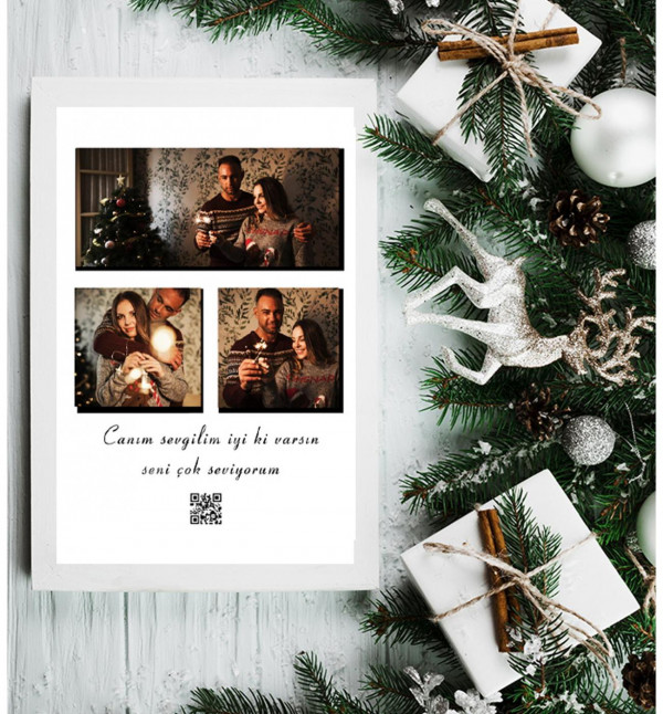 Kişiye Özel 3 Fotoğraflı QR Kodlu- Mesajlı Fotoğraf Çerçevesi