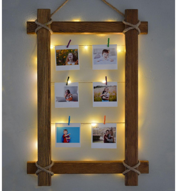 Kişiye Özel 6 Fotoğraflı Led Işıklı Doğal Ahşap Anı Çerçevesi 35x50 cm