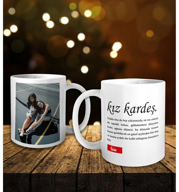 Kişiye Özel Fotoğraflı Kız Kardeş Kelimeli Kupa Bardak