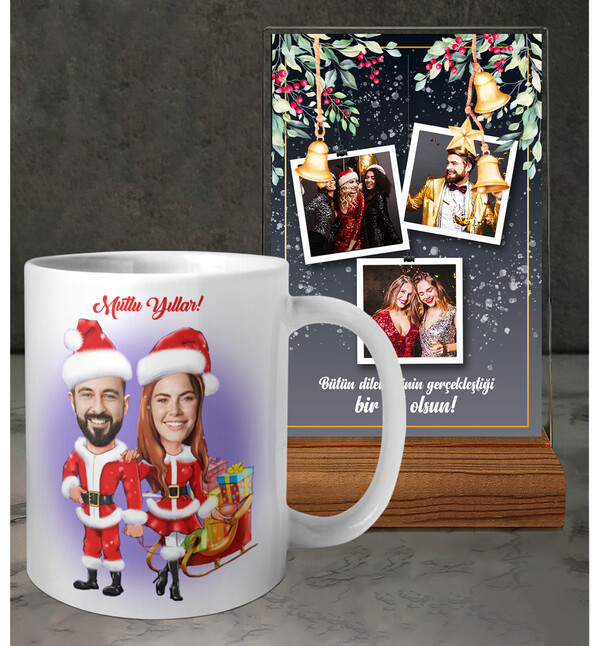 Kişiye Özel Fotoğraflı ve İsimli Yılbaşı Kadın Erkek Karikatürü Tasarımlı Beyaz Kupa ve 3 Fotoğraflı ve Mesajlı Tasarımlı Masaüstü Plak oh1227