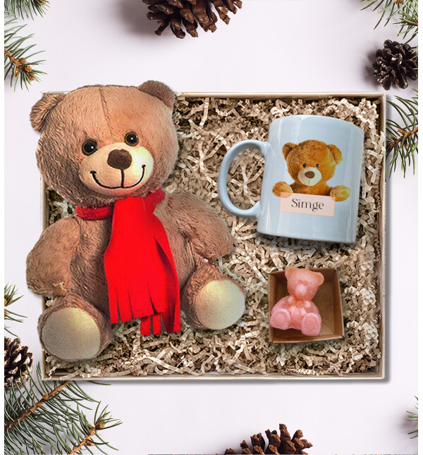 Kişiye Özel İsimli Ayıcık Tasarımlı Kupa Ayıcık ve Ayıcık Mum Hediye Kutusu