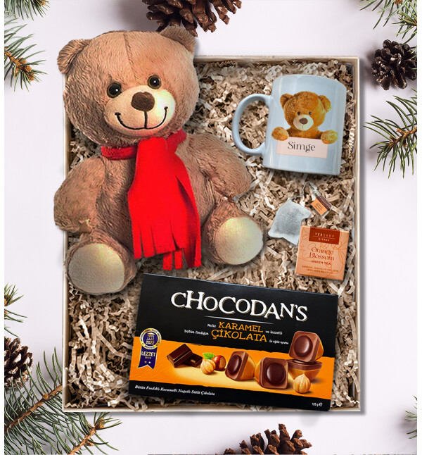 Kişiye Özel İsimli Ayıcık Tasarımlı Peluş Ayıcık Chocodans lı Çaylı Hediye Kutusu