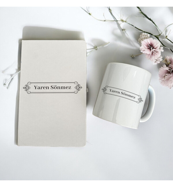 Kişiye Özel İsimli Çerçeve Tasarım Beyaz Defter Ajanda ve Beyaz Kupa Bardak
