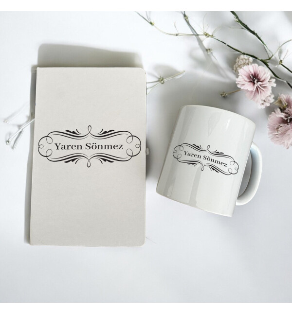 Kişiye Özel İsimli Çerçeve Tasarım Beyaz Defter Ajanda ve Beyaz Kupa Bardak