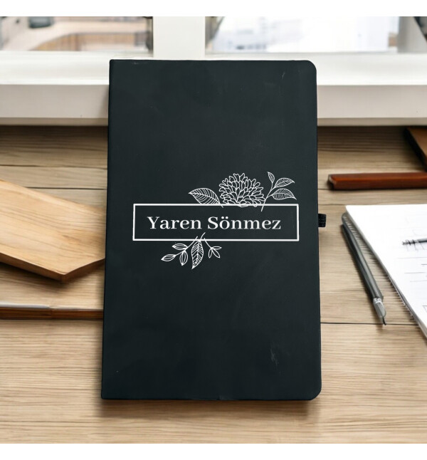 Kişiye Özel İsimli Çiçek Tasarım Siyah Defter Ajanda ve Beyaz Kupa Bardak