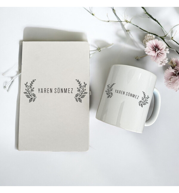 Kişiye Özel İsimli Çiçekli Çerçeve Tasarım Beyaz Defter Ajanda ve Beyaz Kupa Bardak