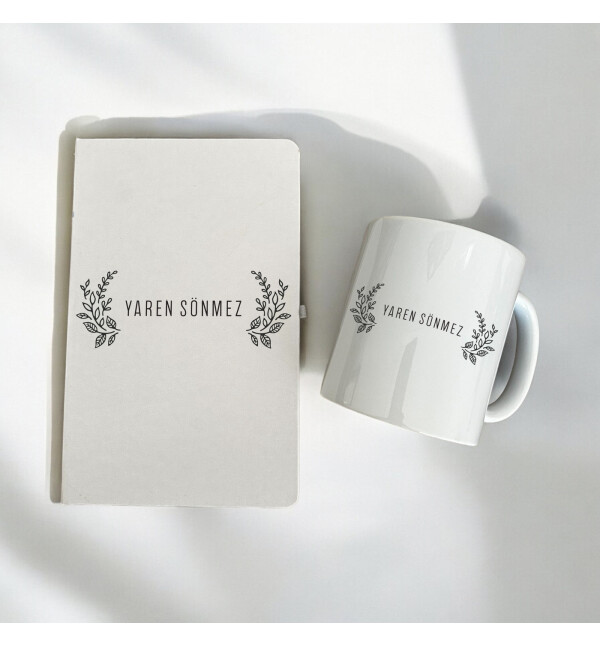 Kişiye Özel İsimli Çiçekli Çerçeve Tasarım Beyaz Defter Ajanda ve Beyaz Kupa Bardak