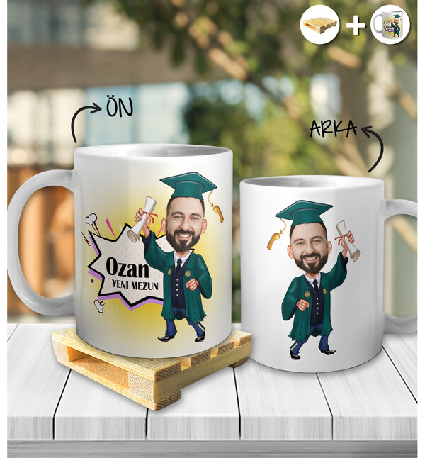 Kişiye Özel İsimli Erkek Mezun Karikatür Tasarım Beyaz Kupa ve Ahşap Palet Altlığı Hediyeli Kupa Bardak oh1033