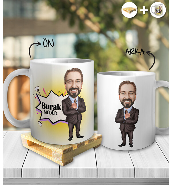 Kişiye Özel İsimli Müdür Karikatür Tasarım Beyaz Kupa ve Ahşap Palet Altlığı Hediyeli Kupa Bardak oh1034