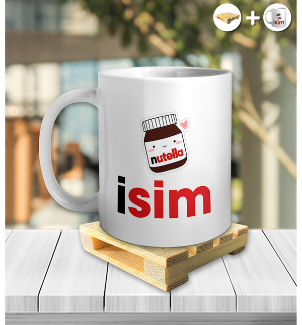 Kişiye Özel İsimli Nutella Tasarımlı Kupa ve Ahşap Palet Altlığı Hediyeli Kupa Bardak oh969