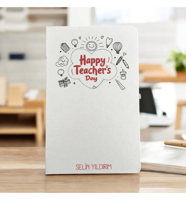 Kişiye Özel İsimli Öğretmenler Günü Kutlama Temalı Beyaz Defter Ajanda