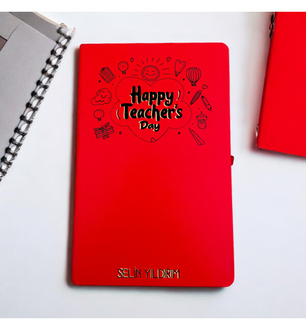 Kişiye Özel İsimli Öğretmenler Günü Kutlama Temalı Kırmızı Defter Ajanda
