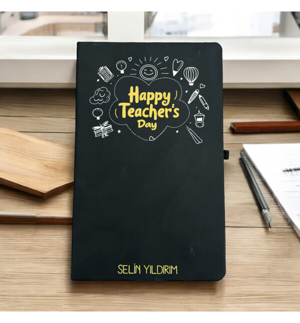 Kişiye Özel İsimli Öğretmenler Günü Kutlama Temalı Siyah Defter Ajanda
