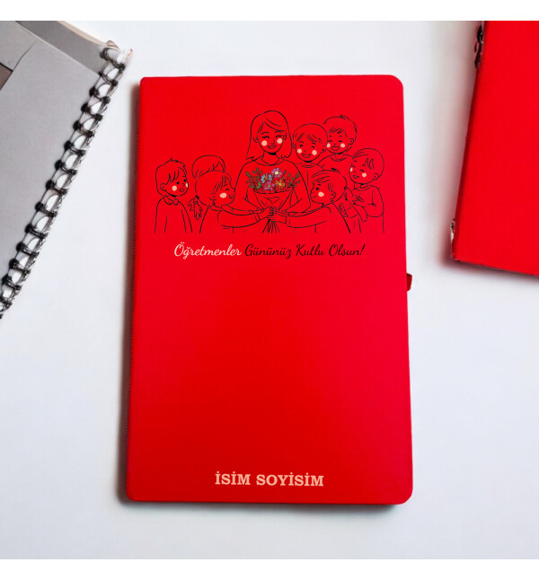 Kişiye Özel İsimli ve Mesajlı Öğretmenler Gününe Özel Öğretmene Sevgi Temalı Kırmızı Defter Ajanda